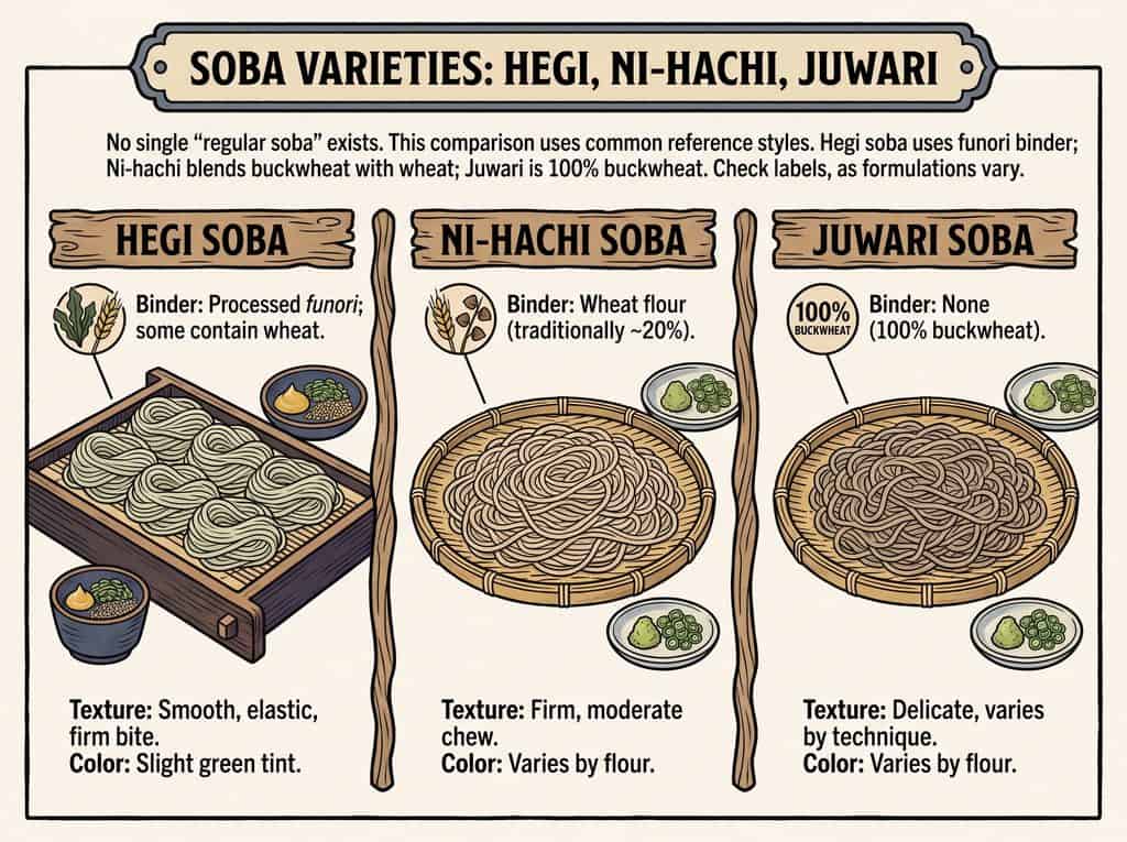Hegi蕎麥、二八蕎麥與十割蕎麥的種類,附有食材與口感說明。