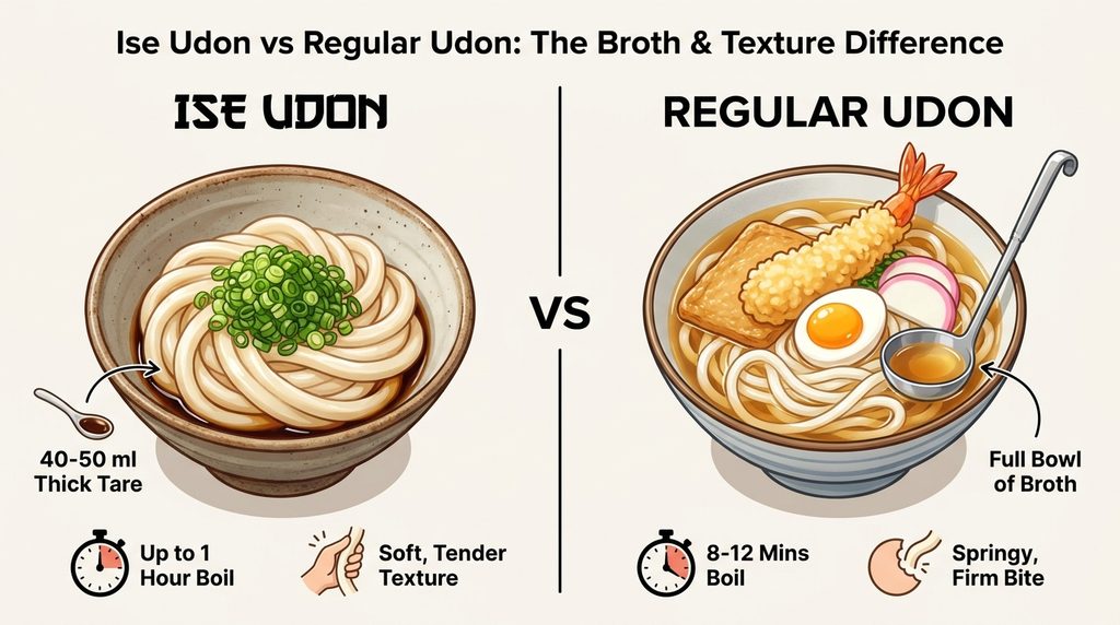 Comparaison entre les Ise Udon et les udon classiques montrant les différences de bouillon et de texture.