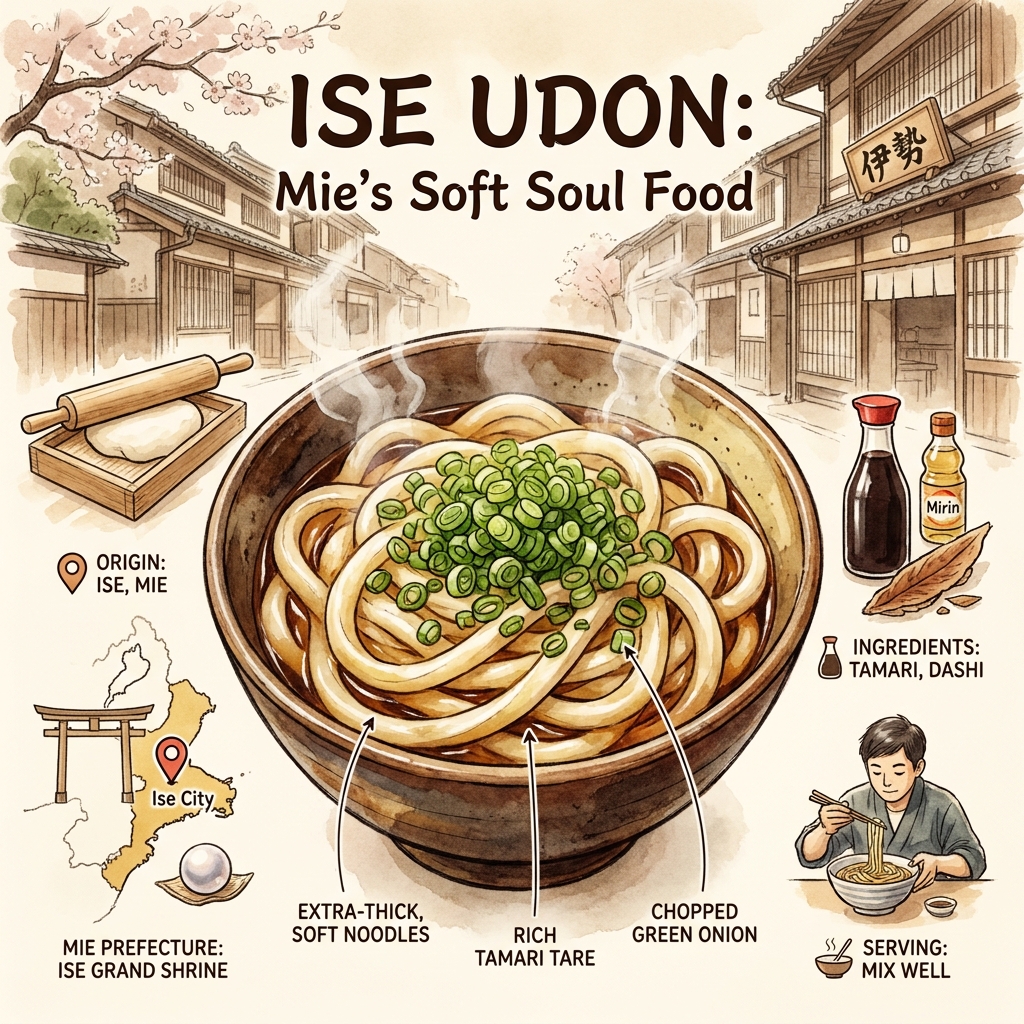 Délicieux Ise Udon avec des nouilles épaisses et des oignons verts émincés dans un bol traditionnel.