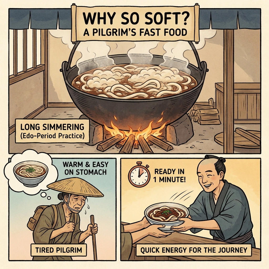 Illustration d'Ise Udon, un plat de nouilles japonaises moelleux et copieux, servi rapidement aux pèlerins.