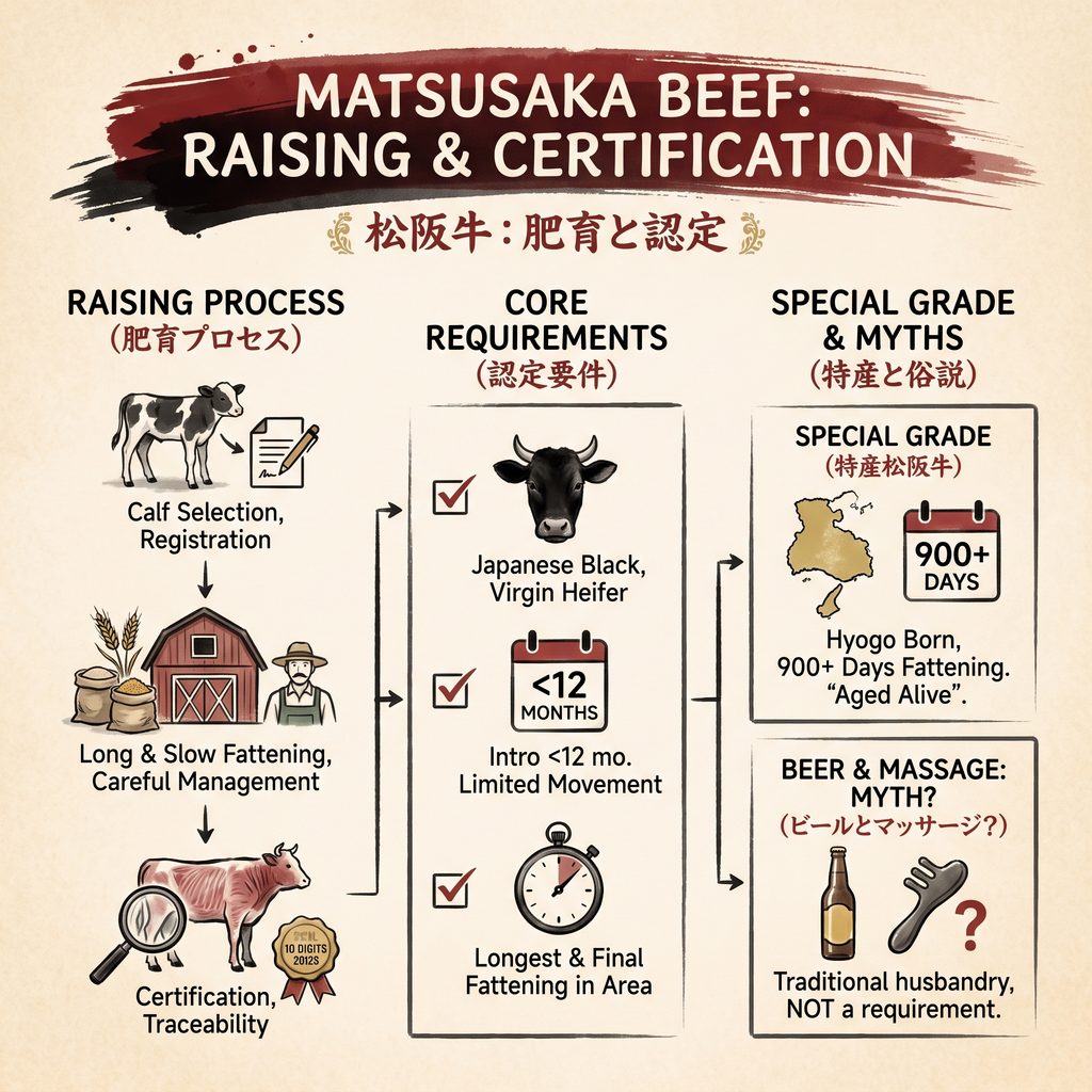 Diagramme expliquant l'élevage, la certification et les mythes particuliers du bœuf de Matsusaka.