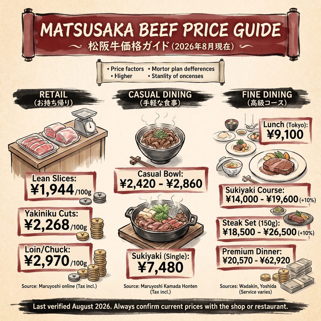 Guide des prix du bœuf Matsusaka avec coupes et options de restauration au Japon.
