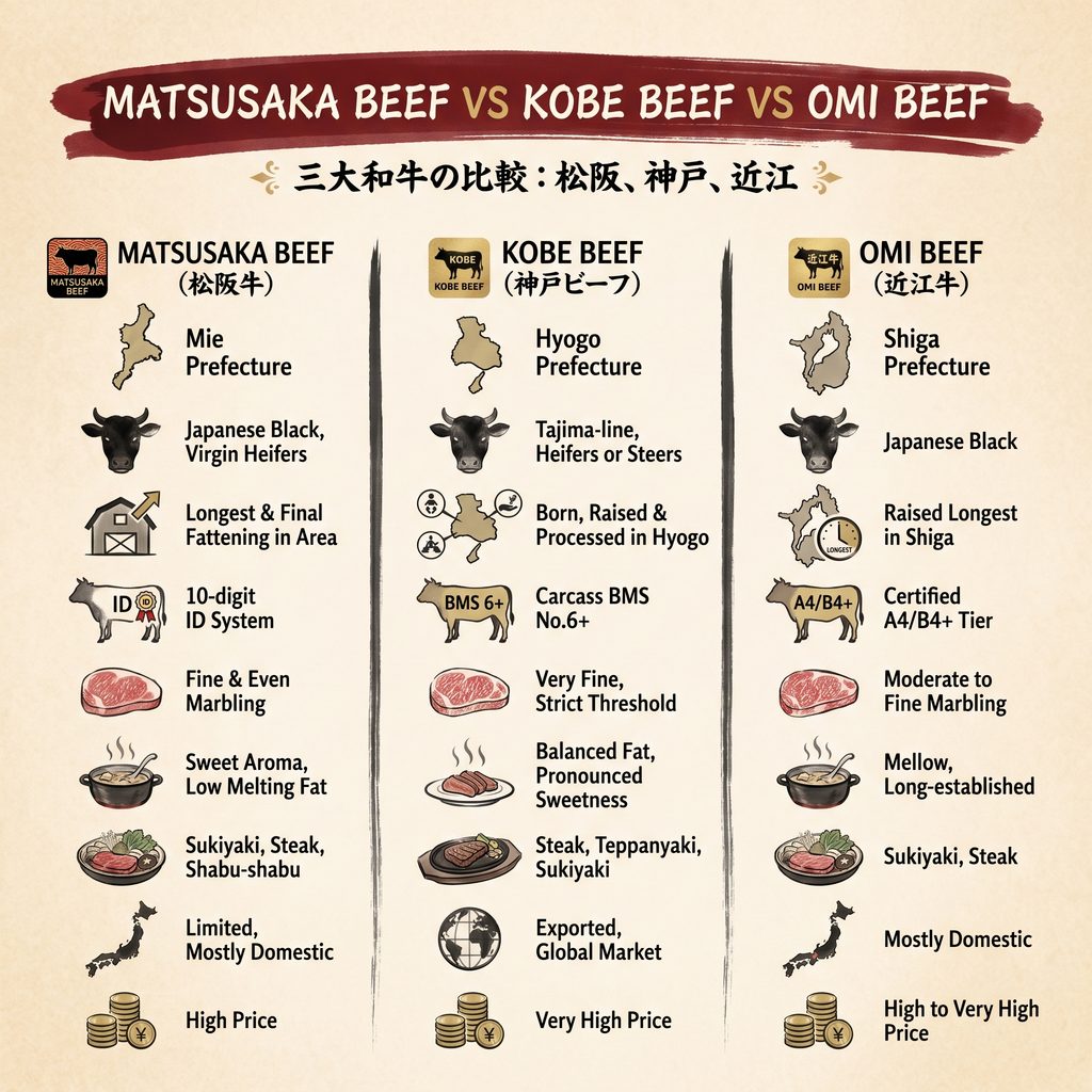 Comparaison des viandes de bœuf de Matsusaka, de Kobe et d'Omi au Japon.