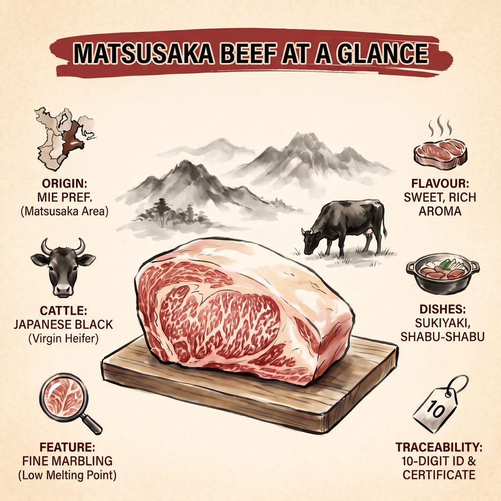 Coupe de bœuf de Matsusaka persillée sur une planche de bois, fond de montagne et illustration de vache.