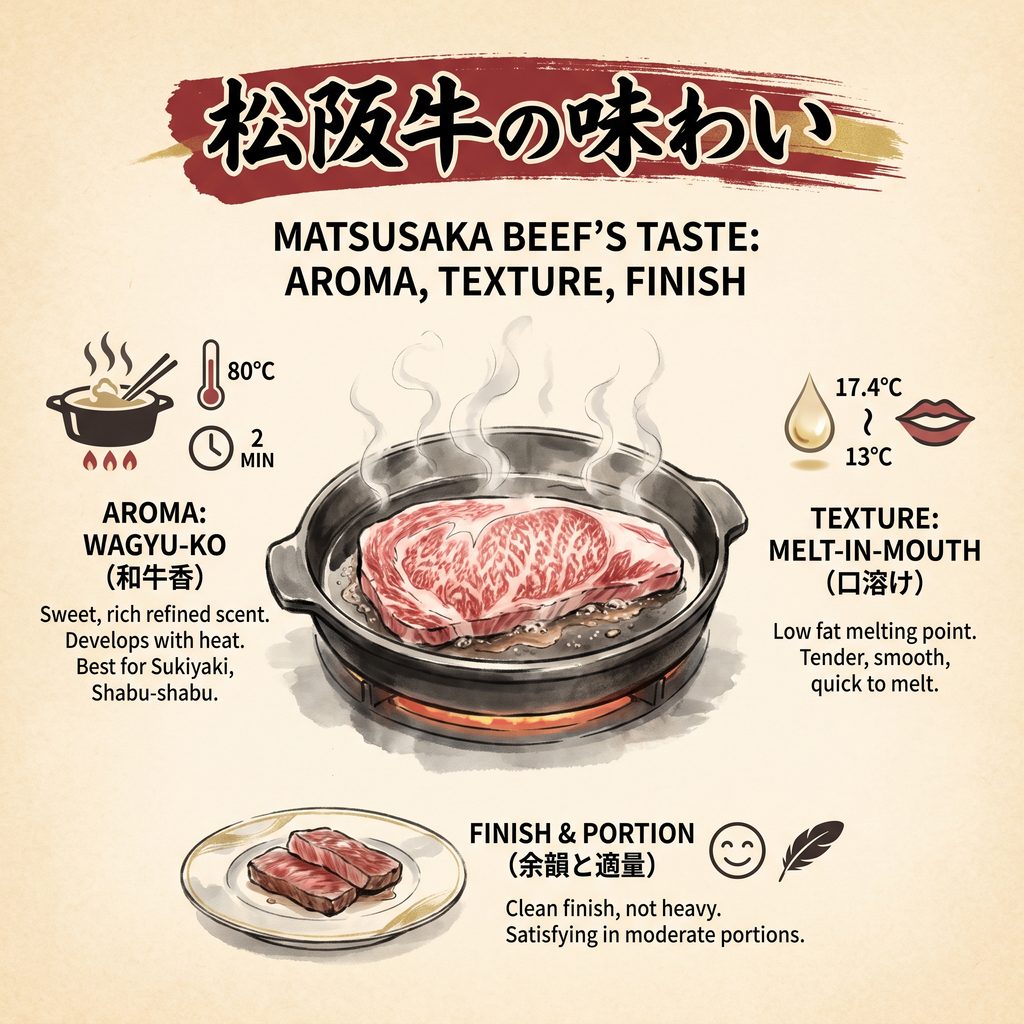 Bœuf de Matsusaka cuisinant sur une poêle chaude avec des notes de saveur détaillées et des informations sur la température.