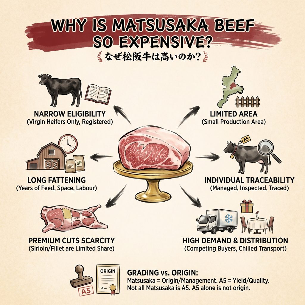 Infographie expliquant pourquoi le bœuf de Matsusaka est cher au Japon.