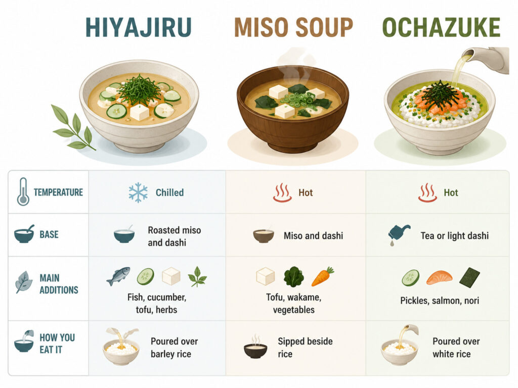 Hiyajiru vs Soupe Miso classique vs Ochazuke