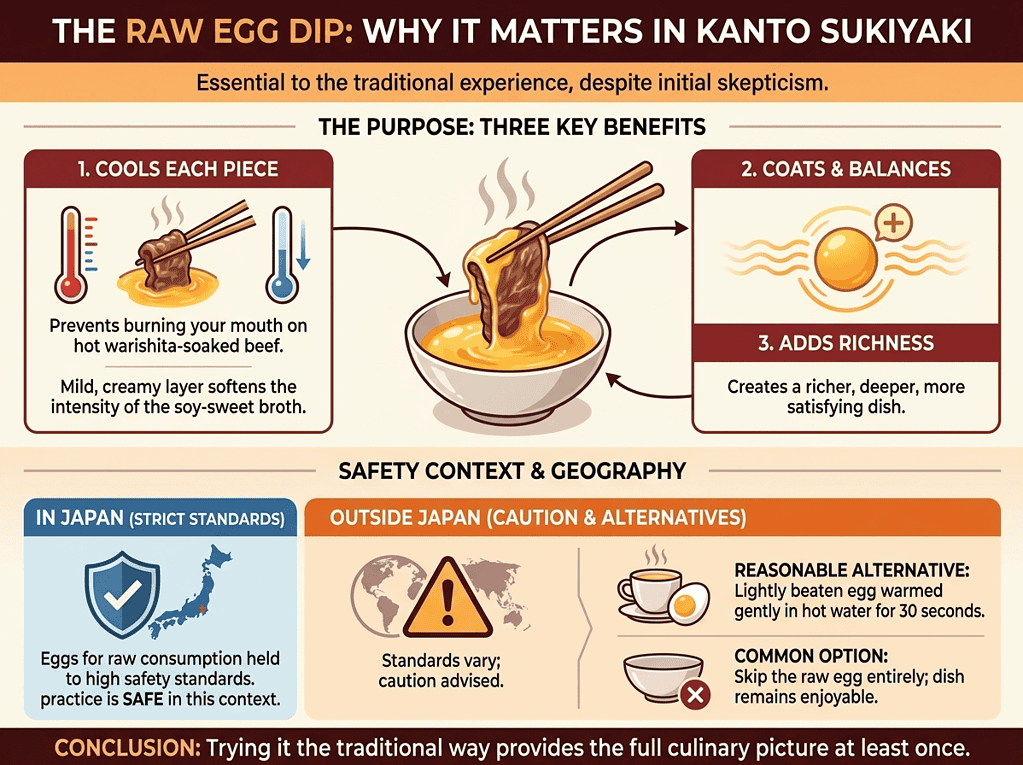 Eggs in Kanto Sukiyaki enhance flavor and safety, adding richness and depth to the traditional dish.