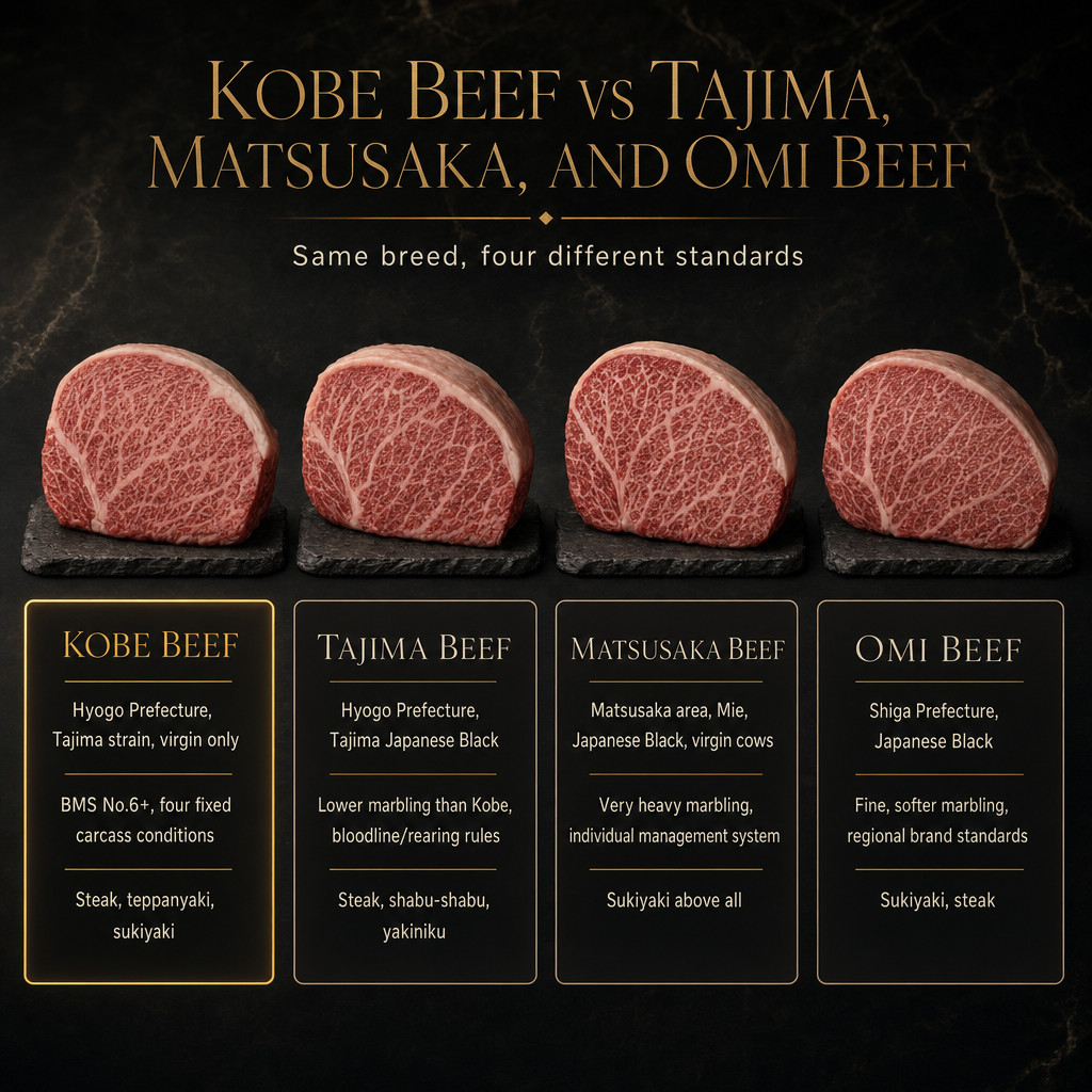 Carne de res de Kobe vs. carne de res Tajima, Matsusaka y Omi