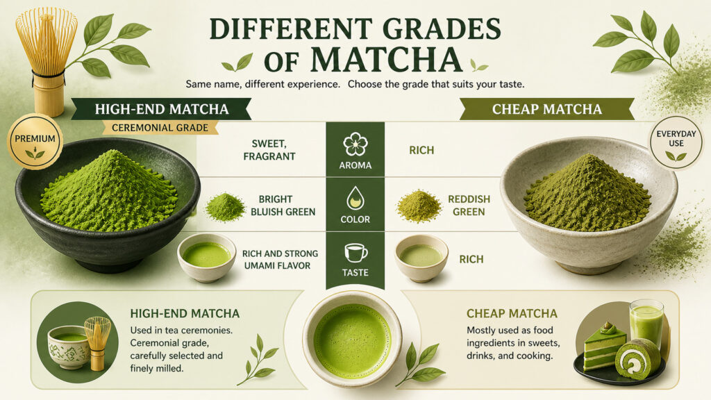 Ceremonial grade vs culinary grade matcha comparison color aroma taste difference