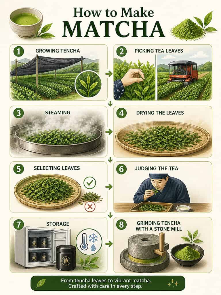 Step by step matcha production process shade growing tencha stone grinding powder Japan
