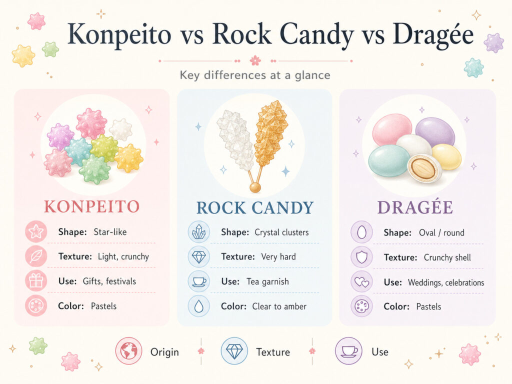 Konpeito vs Rock Candy vs Dragée