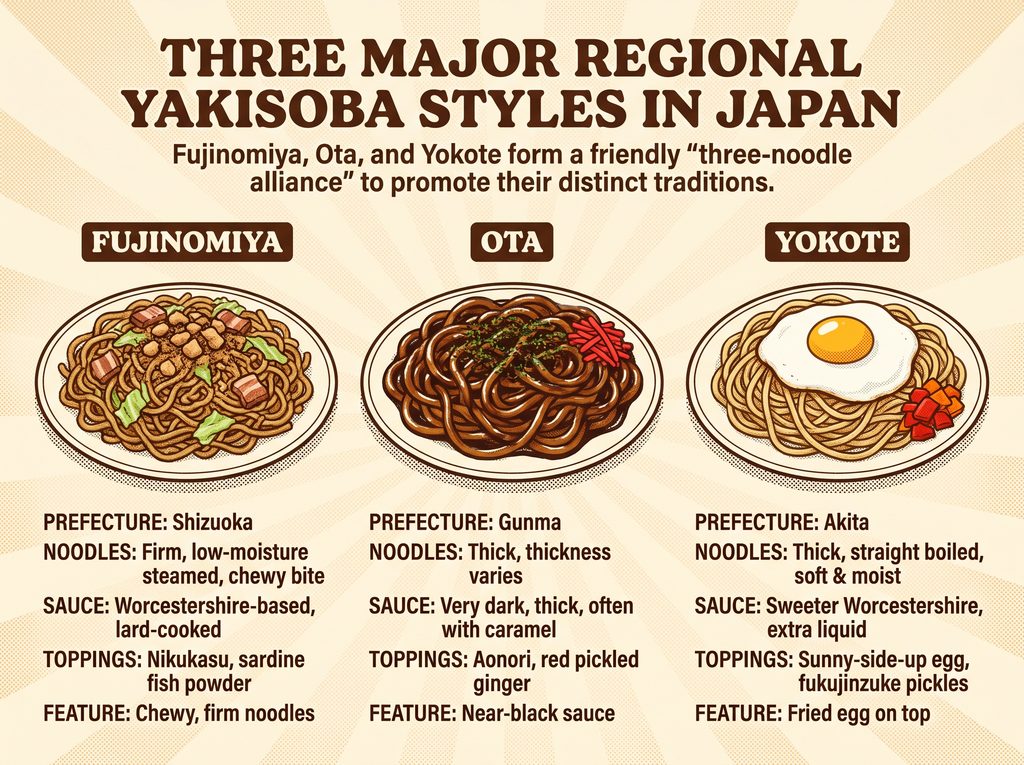 Regional yakisoba styles from Japan: Fujinomiya, Ota, Yokote with distinct ingredients.