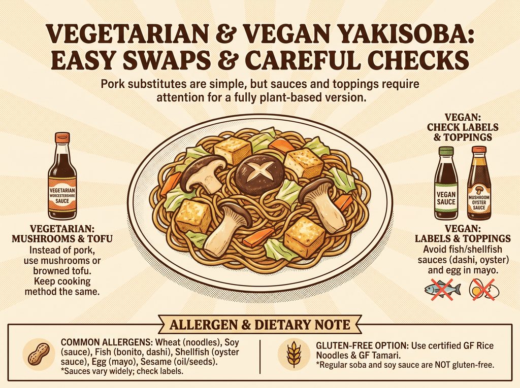 Vegetarian and vegan yakisoba with mushrooms, tofu, and vegetables on a plate.
