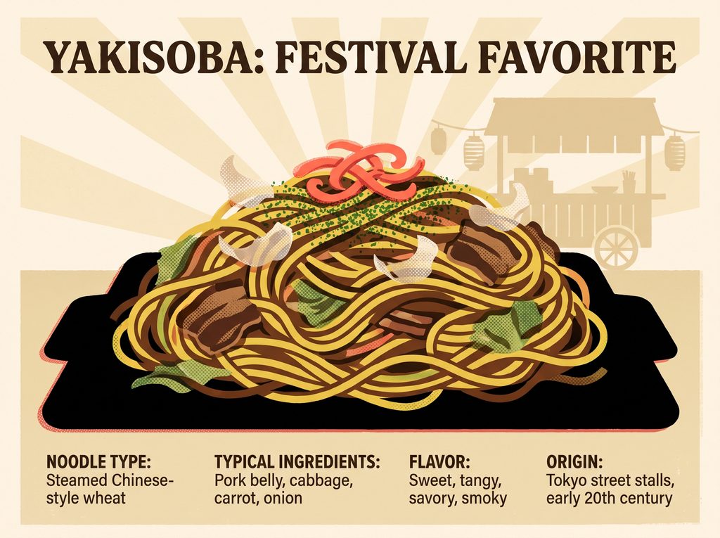 Yakisoba dish with pork, cabbage, and vegetables on a black plate.