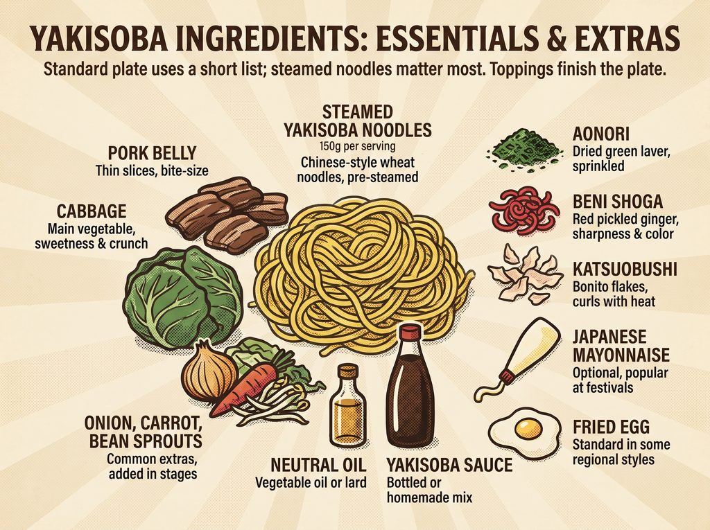 Yakisoba ingredients including noodles, pork, cabbage, and toppings on a food infographic.