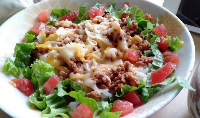 taco rice in white bowl