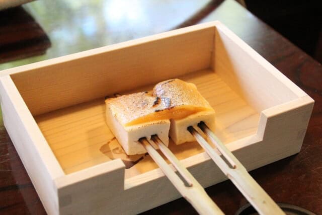 Tofu dengaku on a wooden container