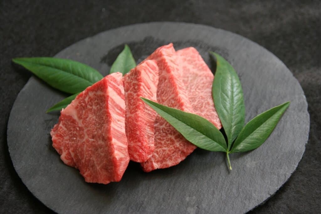 wagyu beef with leaves as decoration