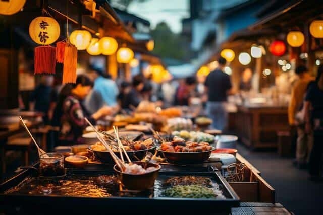 bustling Japanese street food stalls