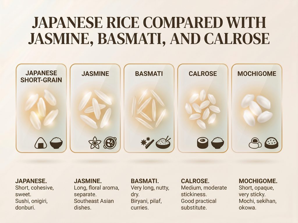 日本米与茉莉香米、印度香米和Calrose米的比较