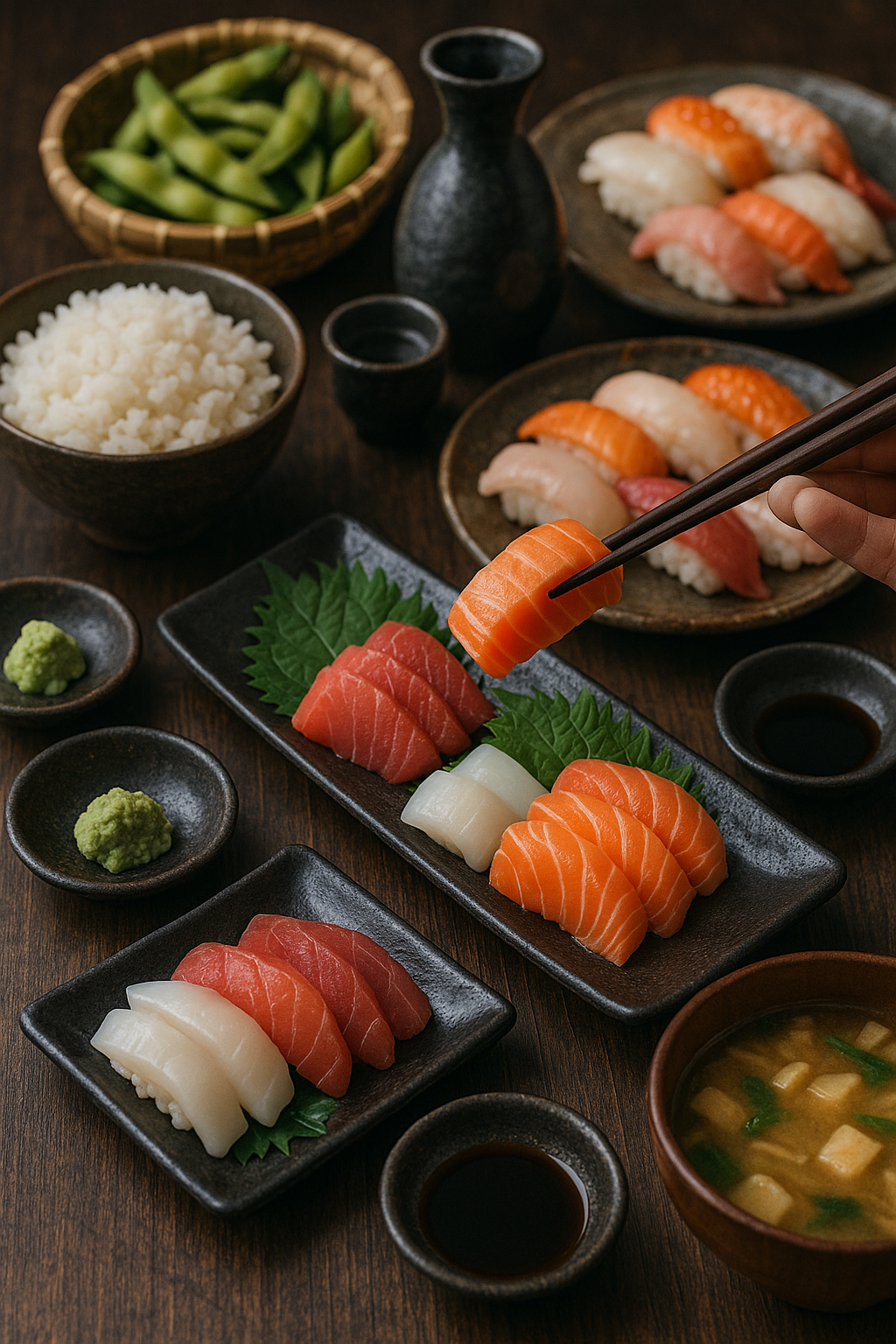 sashimi and sushi with Japanese foods