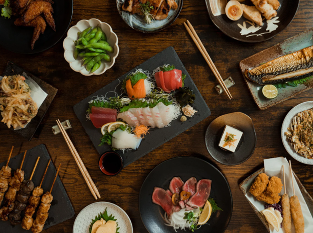 sashimi and various Japanese food
