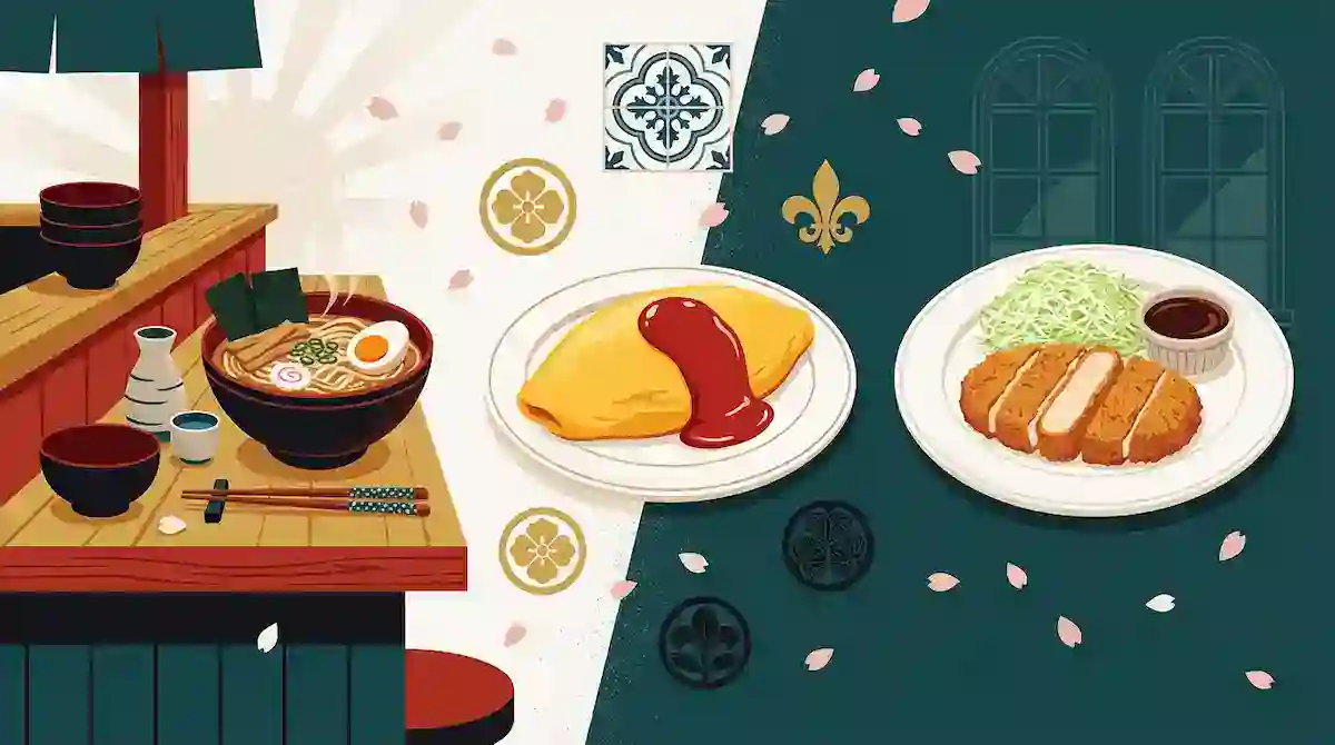 Modern Japanese fusion dishes featuring ramen, omurice, and tonkatsu on a stylish table.