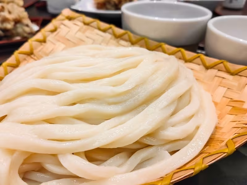 close up of Mizusawa Udon noodles