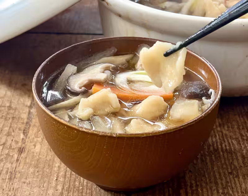 Hittsumi soup with hand-torn wheat dumplings, chicken, burdock, carrots, and mushrooms