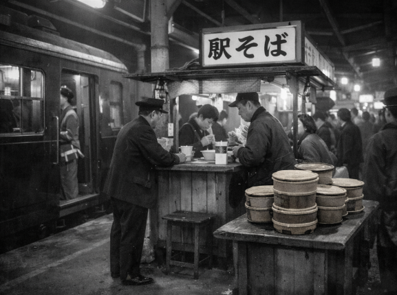 Steamed soba noodle stall at a busy Japanese train station market.