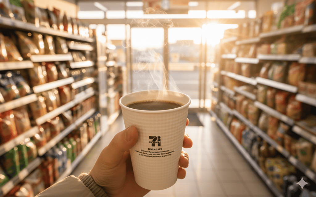 Hand holding a hot coffee cup in a Japanese convenience store aisle.