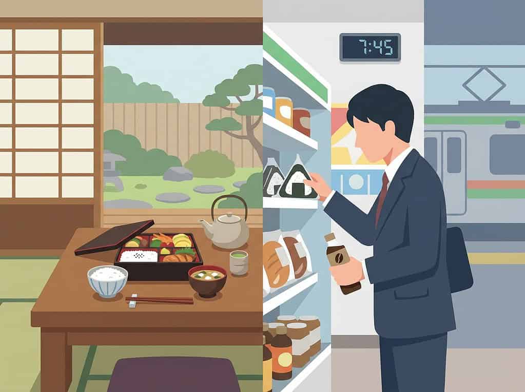Man choosing breakfast items from a Japanese convenience store shelf.