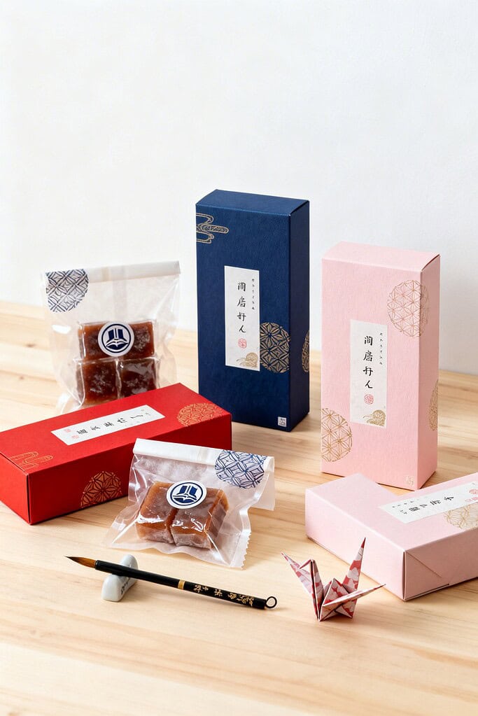 Assorted Japanese gift sweets with decorative packaging and traditional wrapping.