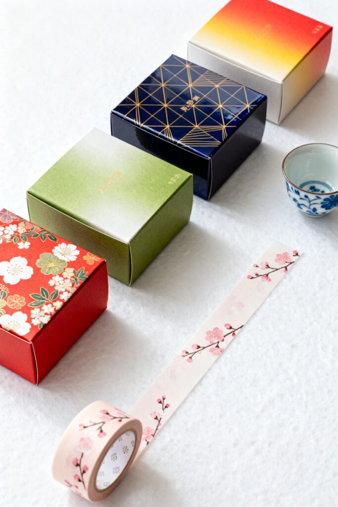 Beautiful Japanese gift sweets packaging with decorative boxes and omiyage wrapping.