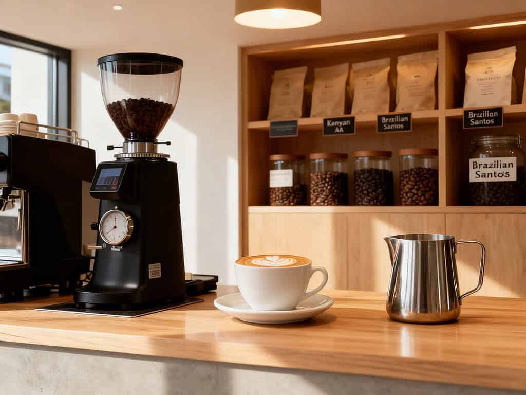 Freshly brewed coffee with beans and brewing equipment in a Japanese café setting.