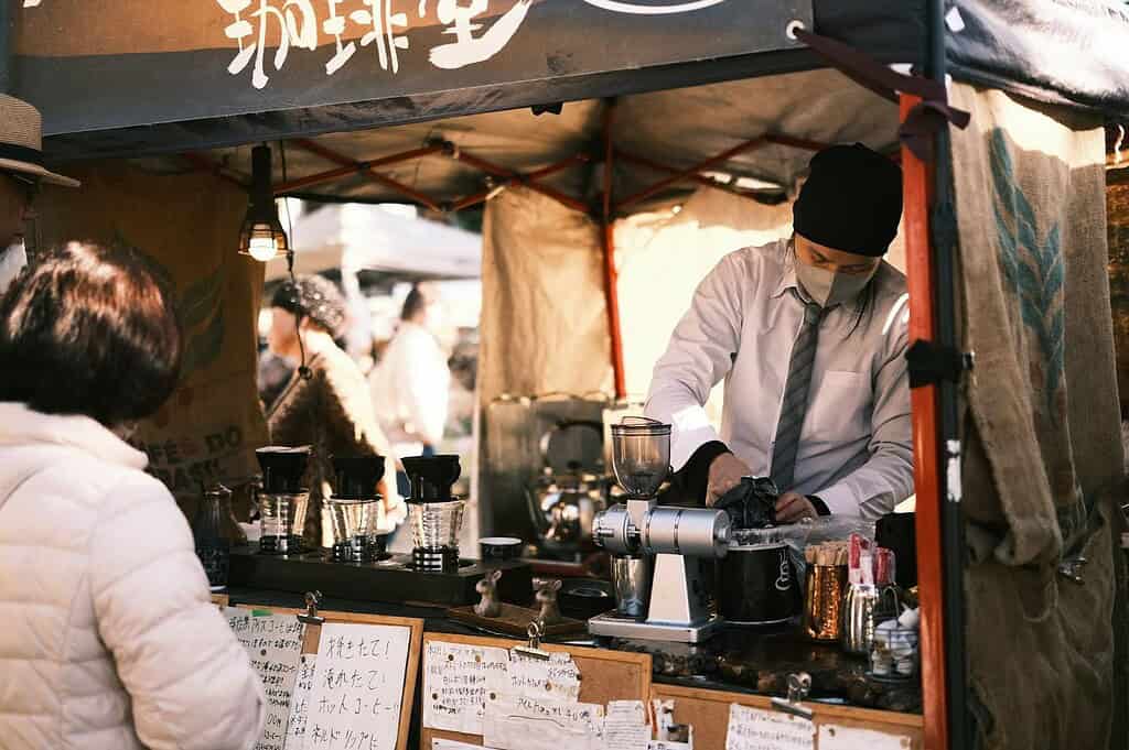 Coffee stand in Japan serving freshly brewed coffee to customers.