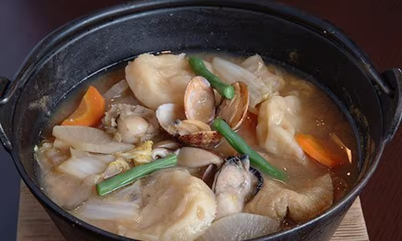Otsuke Dango miso soup with taro, daikon, and wheat dumplings from Otsuki City