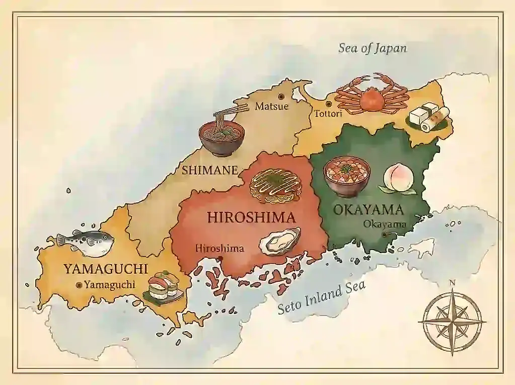 Map of Hiroshima, Okayama, Yamaguchi, and other Chugoku region dishes in Japan.