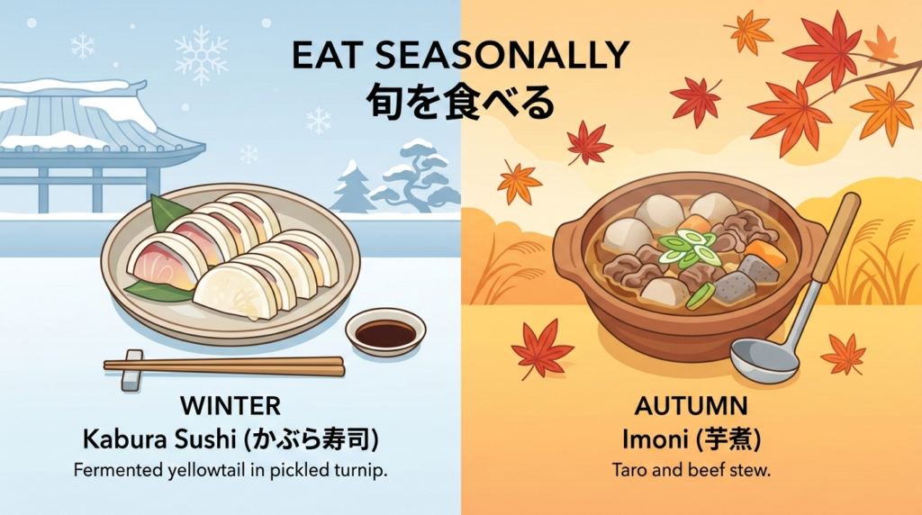 Traditional Japanese dishes like Kabura Sushi and Imoni showcased in seasonal settings. Discover aut.