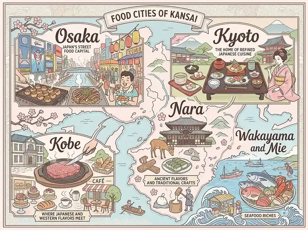 Explore Kansai's iconic dishes and culinary traditions in this vibrant food map.