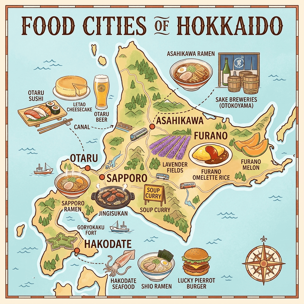Delicious Hokkaido dishes including ramen, seafood, and local specialties showcased on this culinary.