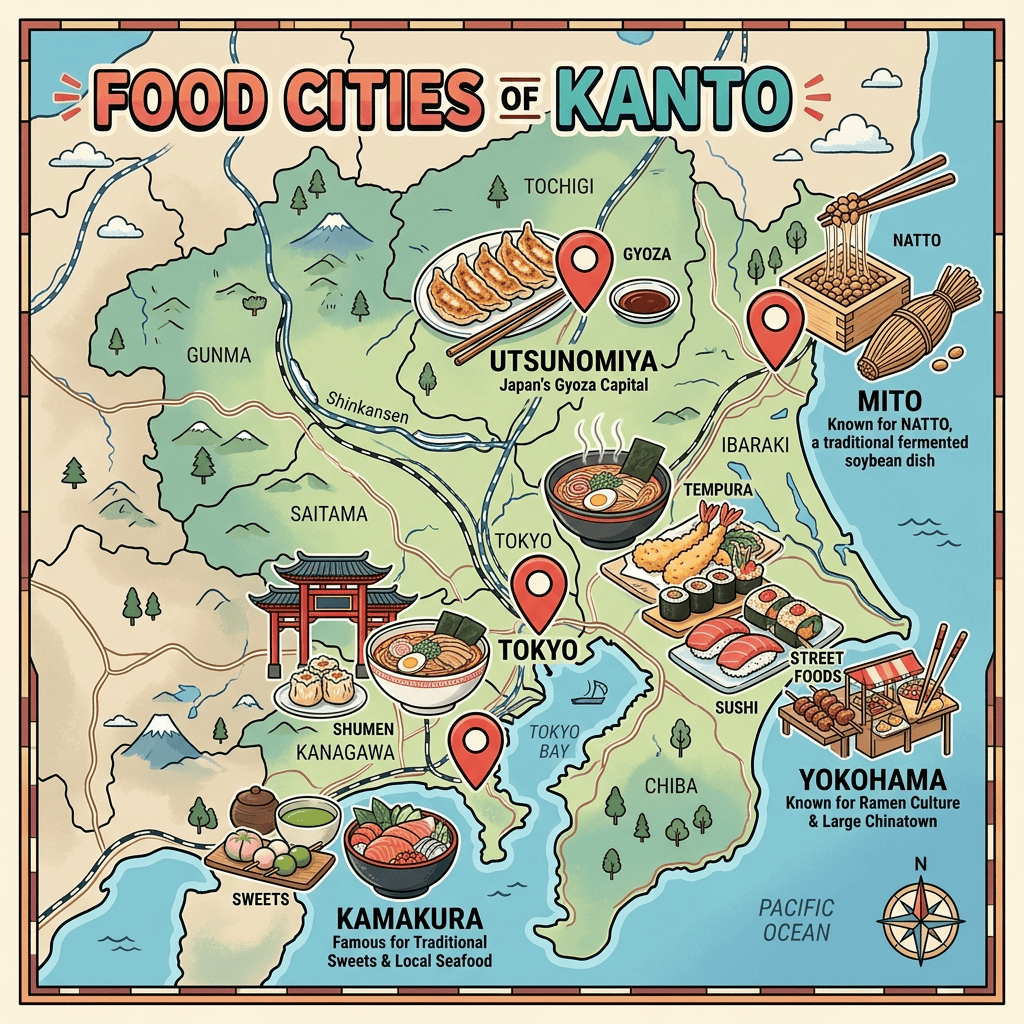 Map of Kanto region highlighting traditional dishes and local specialties.