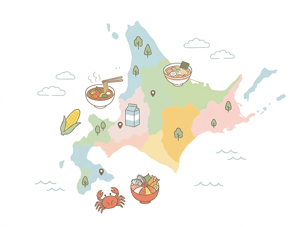 Illustrated map of Hokkaido highlighting local dishes and culinary regions.