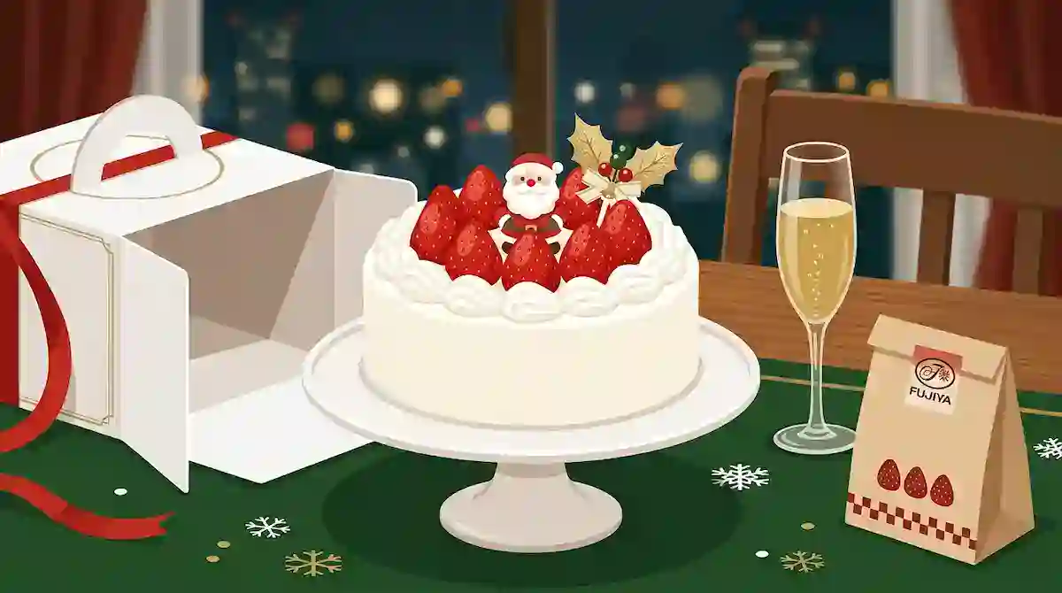 Japanese Christmas cake decorated with strawberries and Santa figure on a festive table.