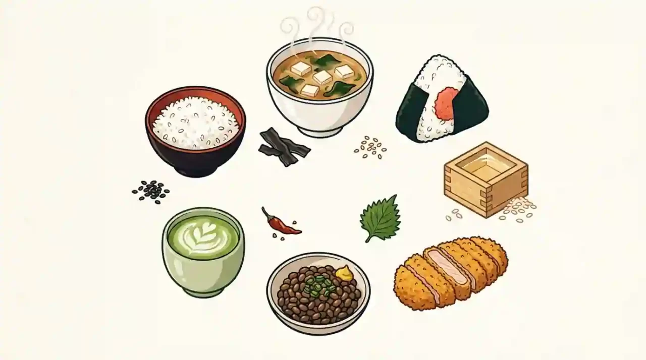Japanese food featuring rice, miso soup, onigiri, and side dishes.