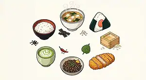 Japanese food featuring rice, miso soup, onigiri, and side dishes.