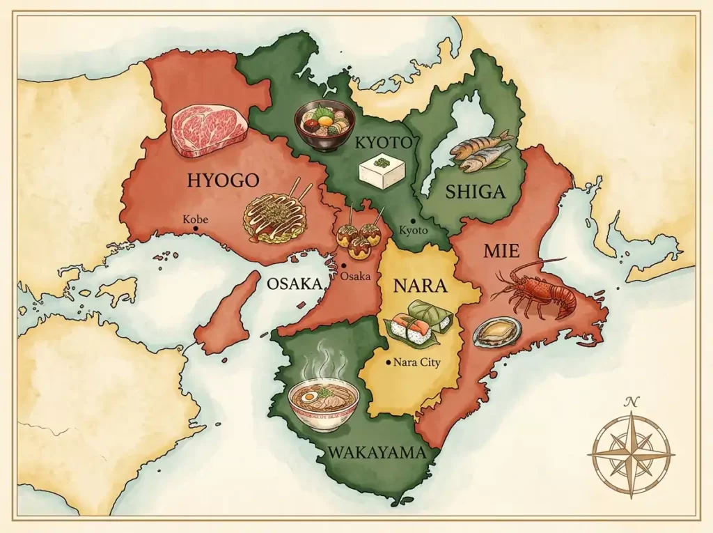 Kansai Food Map showing regional specialties by prefecture including Osaka, Kyoto, Kobe, Nara and Wakayama