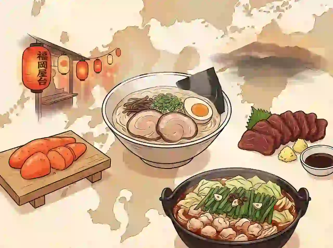 Delicious Kyushu ramen with tender pork, green onions, and soft-boiled egg, paired with fresh sashim.