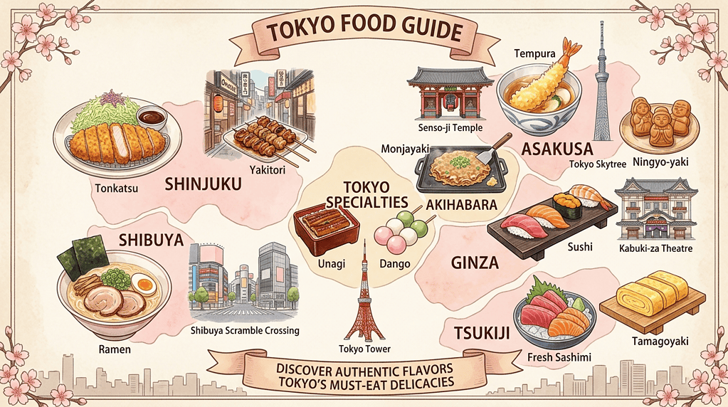 Delicious Japanese dishes like tempura, sushi, ramen, and tamagoyaki showcased in Tokyo’s vibrant ne.